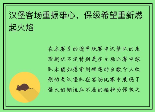 汉堡客场重振雄心，保级希望重新燃起火焰